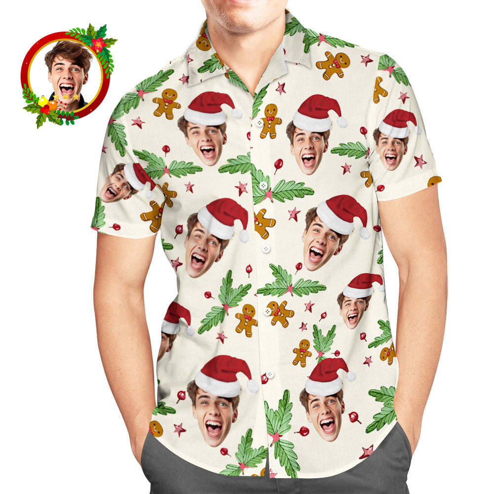 Custom Face Hawaiian Shirt Candy Cane Gingerbread Men's Christmas Shirts - GetPhotoSocksUk