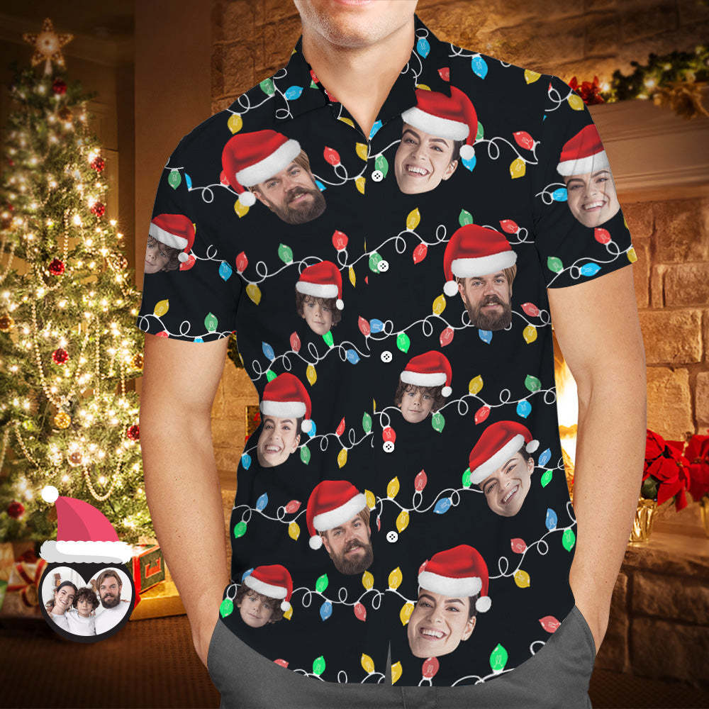 Custom Face Men's Hawaiian Shirt Personalized Photo Christmas Family Xmas Leds Aloha Shirts - GetPhotoSocksUk