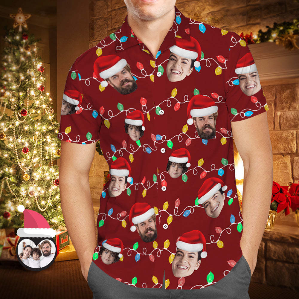 Custom Face Men's Hawaiian Shirt Personalized Photo Christmas Family Xmas Leds Aloha Shirts - GetPhotoSocksUk