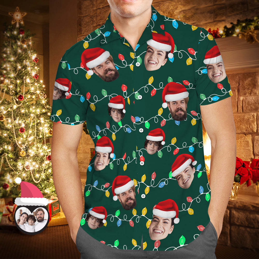 Custom Face Men's Hawaiian Shirt Personalized Photo Christmas Family Xmas Leds Aloha Shirts - GetPhotoSocksUk