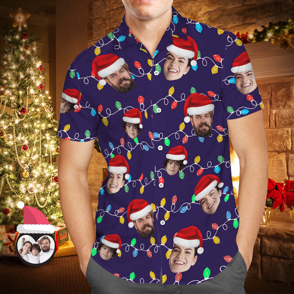 Custom Face Men's Hawaiian Shirt Personalized Photo Christmas Family Xmas Leds Aloha Shirts - GetPhotoSocksUk
