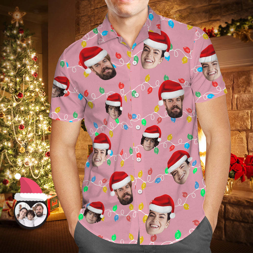 Custom Face Men's Hawaiian Shirt Personalized Photo Christmas Family Xmas Leds Aloha Shirts - GetPhotoSocksUk