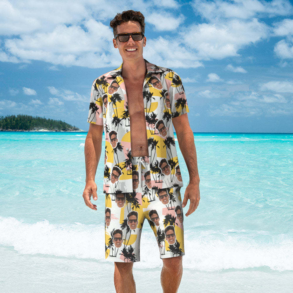 Custom Face Hawaiian Shirt or Beach Shorts Matching Outfits Personalised Men's Photo Random Palm Tree Print Hawaiian Attire Vacation Party Gift -