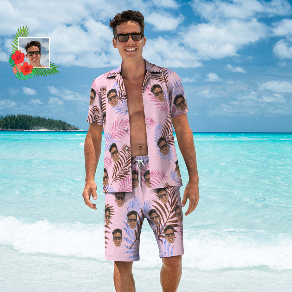 Custom Face Hawaiian Shirt or Beach Shorts Matching Outfits Personalised Men's Photo Random Tropical Print Hawaiian Attire Vacation Party Gift -