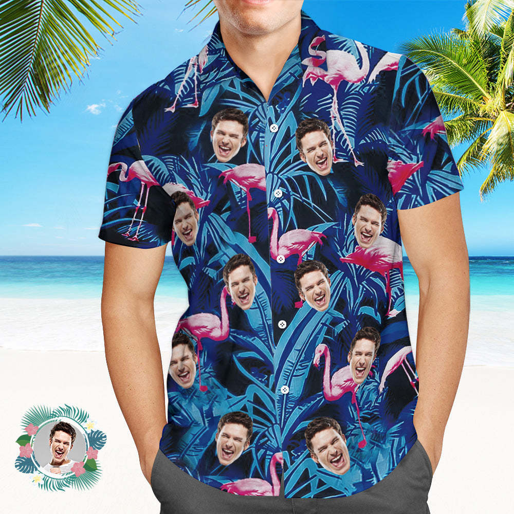 Custom Face Hawaiian Shirt Blue Leaf Flamingo Photo Hawaiian Shirt - GetPhotoSocksUk