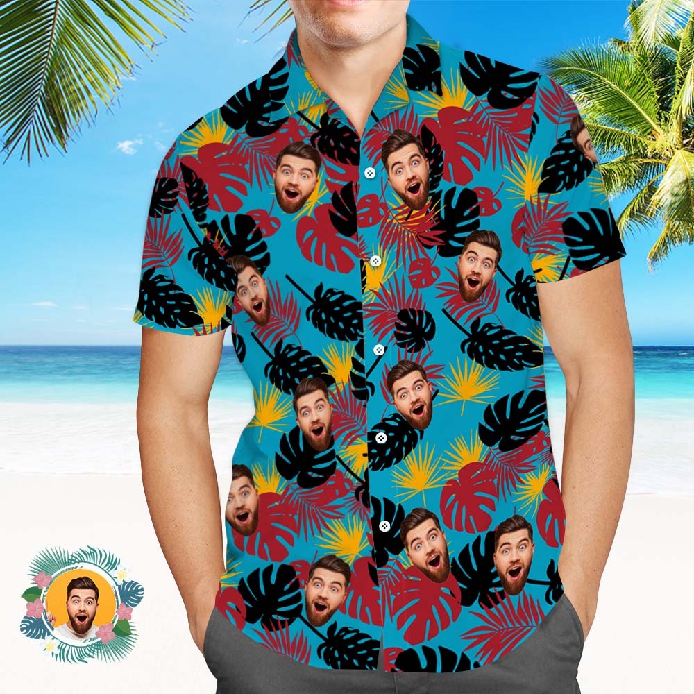 Custom Face Hawaiian Shirts Black And Red Leaves Beach Hawaiian Shirt - GetPhotoSocksUk