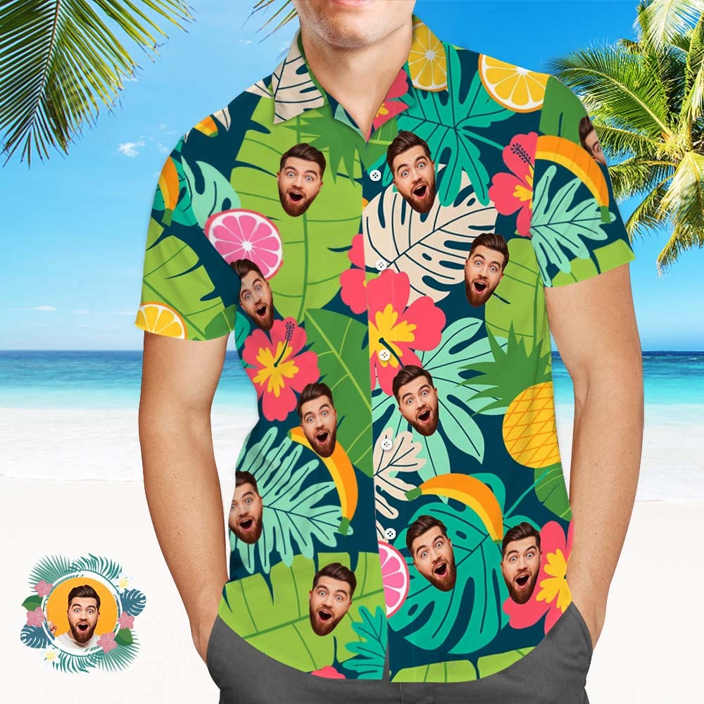 Custom Face Hawaiian Shirt Men Face Shirt Colorful Leaves And Pineapple Shirt Gift - GetPhotoSocksUk