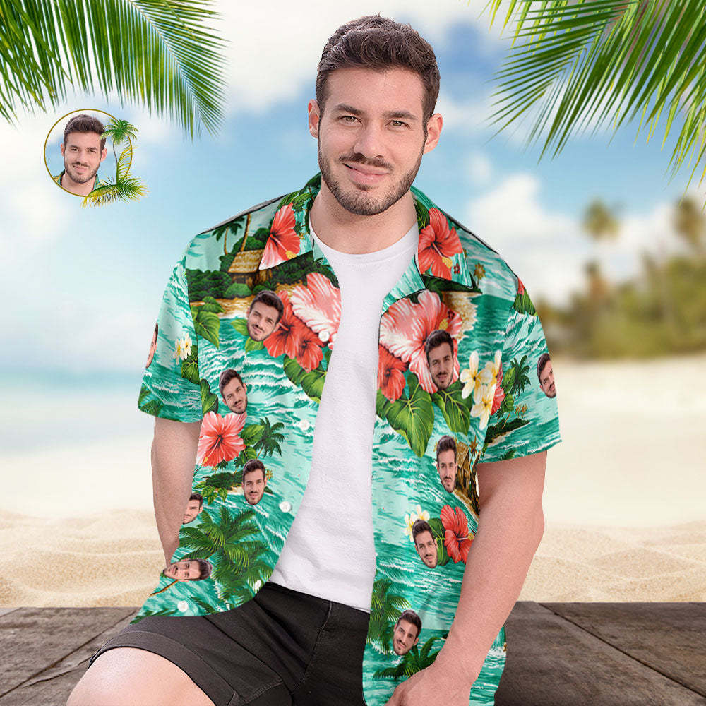 Custom Face Hawaiian Shirt  Green Beach Emerald Waters Face Hawaiian Shirt - GetPhotoSocksUk