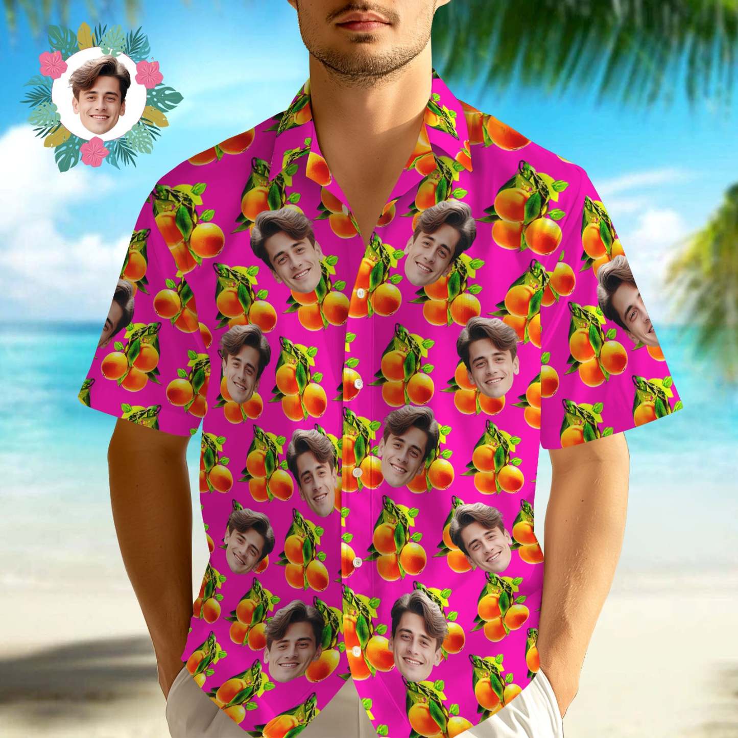 Custom Face Hawaiian Shirt Orange Fruit Pink Face Hawaiian Shirt - GetPhotoSocksUk