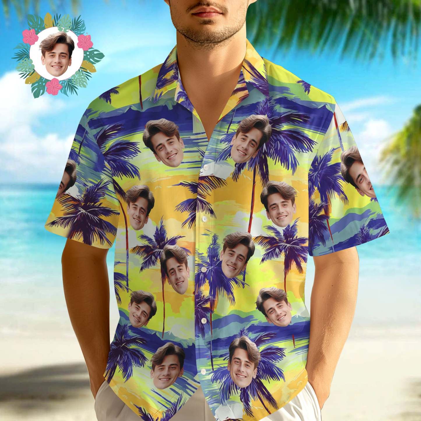 Custom Face Hawaiian Shirt Purple Coconut Tree Photo Hawaiian Shirt - GetPhotoSocksUk