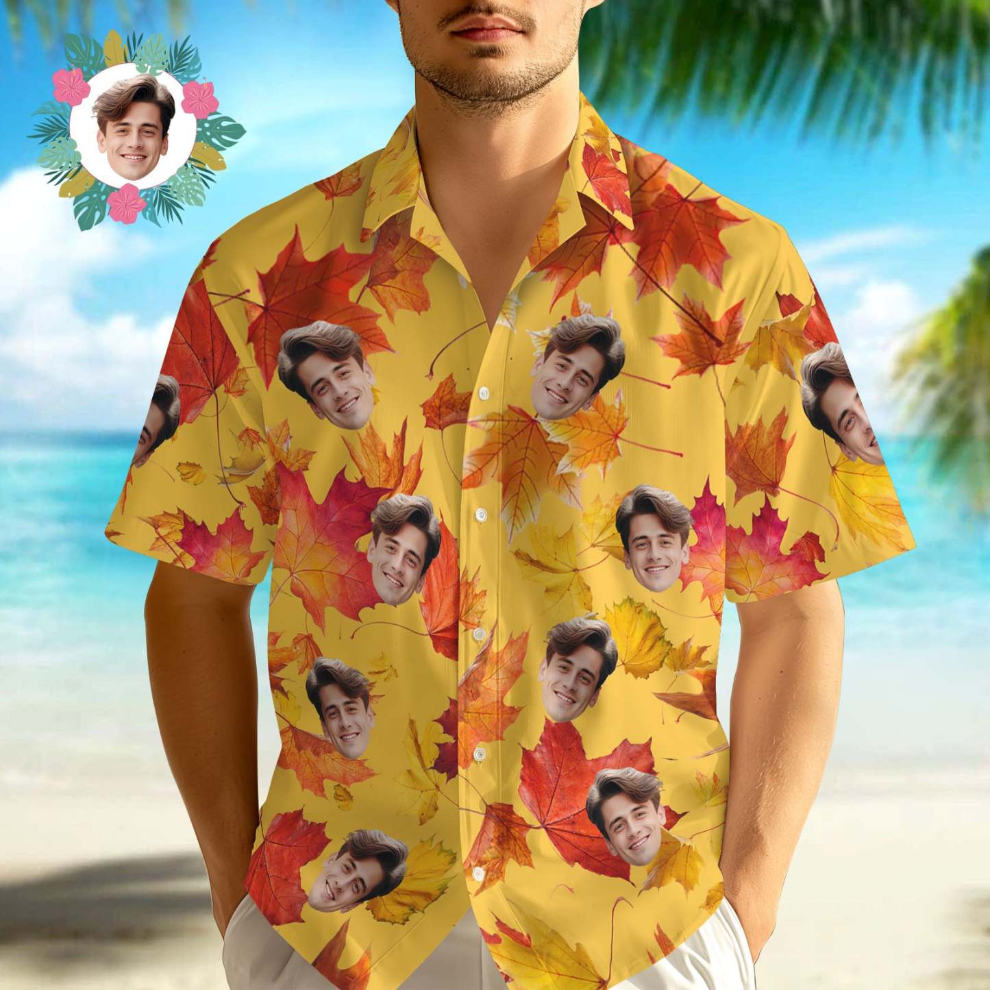 Custom Photo Hawaiian Shirt Face Maple Leaf Print Yellow Hawaiian Shirt - GetPhotoSocksUk