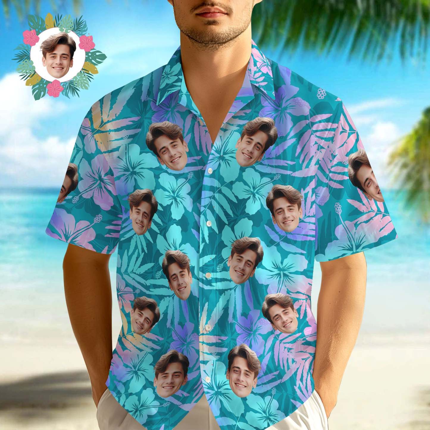 Custom Face Hawaiian Shirt Art Hawaiian Blue Leaves Hawaiian Shirt - GetPhotoSocksUk