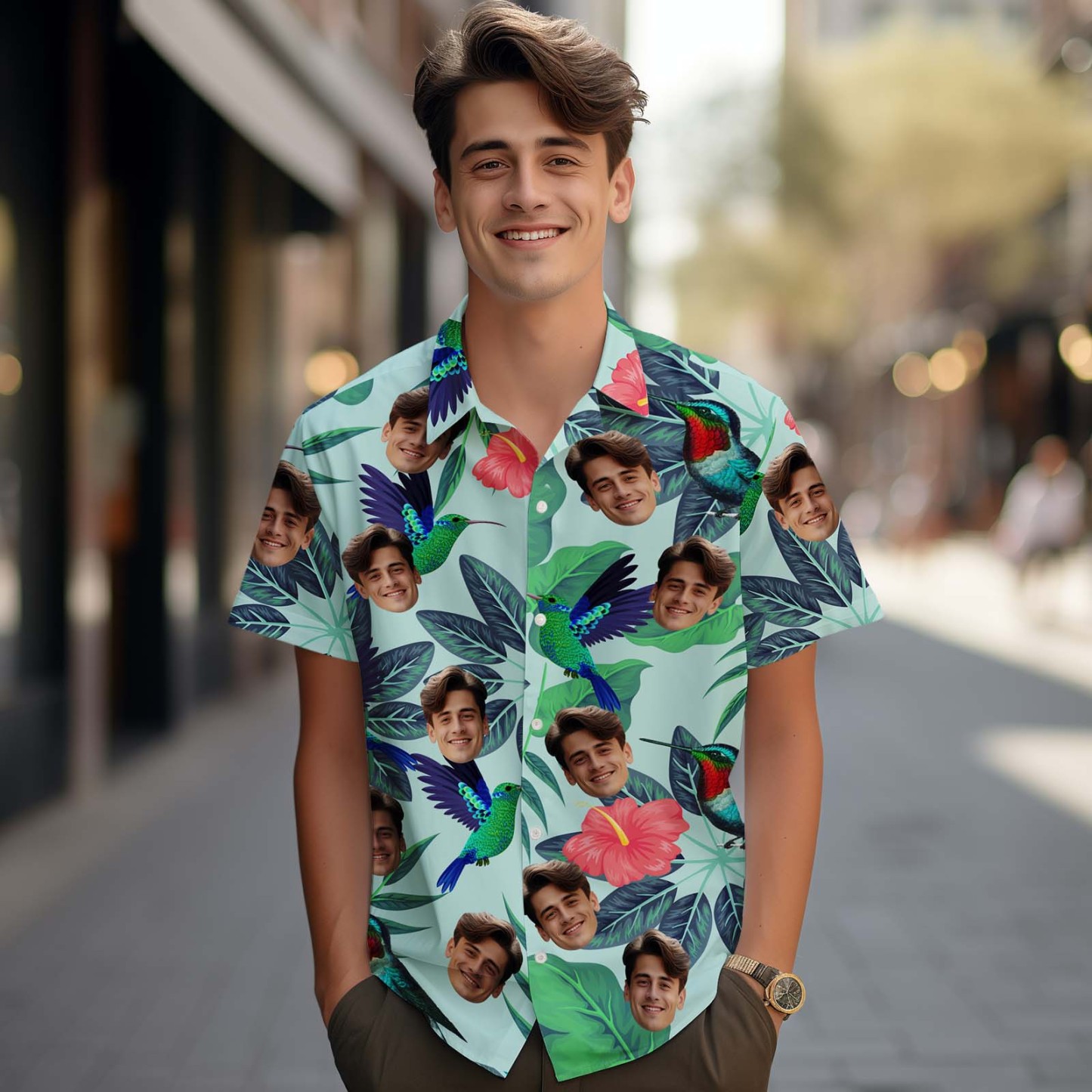 Custom Tropical Leaf Hummingbird Hawaiian Shirt Face Hawaiian Shirt - GetPhotoSocksUk