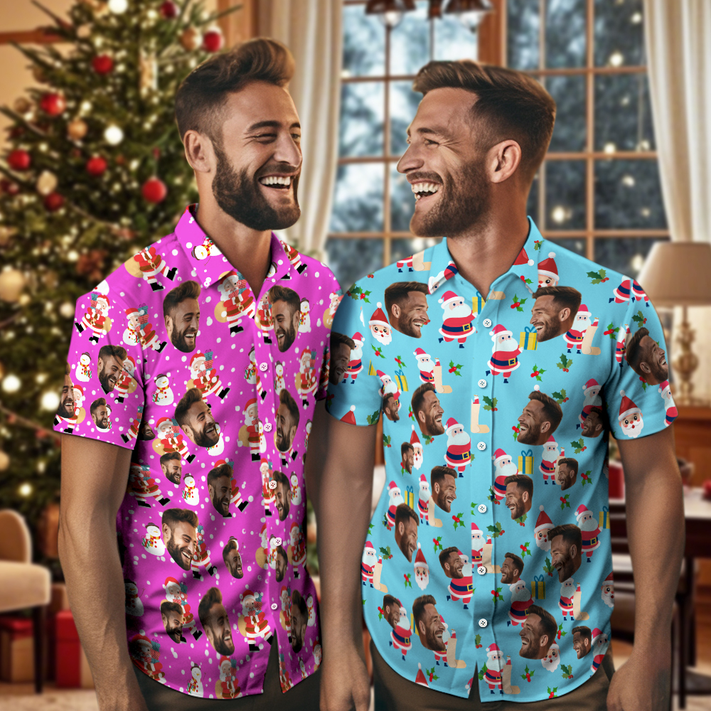 Chrismas Shirts Custom Face Men's Hawaiian Shirt Personalized Photo Christmas Family Xmas Aloha Shirts - GetPhotoSocksUk