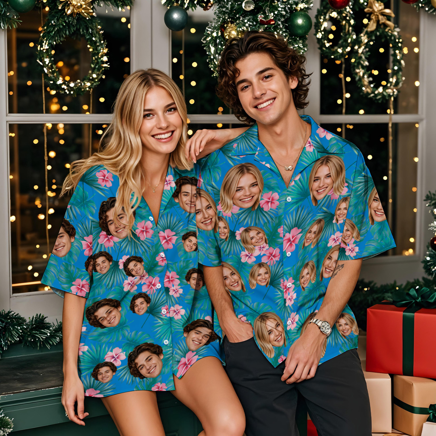 Custom Face Hawaiian Shirt Personalized Xmas Lights Flamingo Flowers And Leaves Beach Holiday Christmas Face Hawaiian Shirt - GetPhotoSocksUk