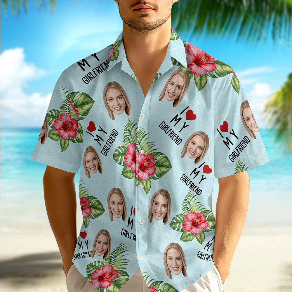 Personalized Face Hawaiian Shirt Summer Vacation Couple Face Hawaiian Shirt I Love My Wife Blue Flower Hawaiian Shirt - GetPhotoSocksUk