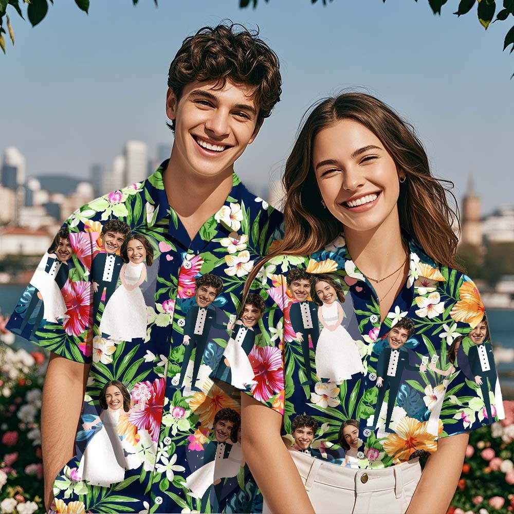 Custom Face Hawaiian Shirt Wedding Couple Face Hawaiian Shirt Personalized Blue Leaves Wedding Dress - GetPhotoSocksUk