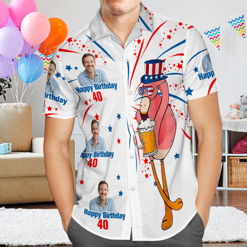 Custom Your Face Birthday Hawaiian Shirt Custom Date and Name Flower and Palm Tree Shirt - GetPhotoSocksUk