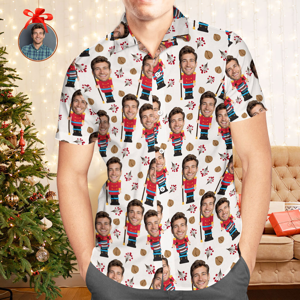 Custom Face Christmas Shirt Pattern with Nutcracker Shirt Xmas Gift for Family Friends Personalized Face Hawaiian Shirt Gift - GetPhotoSocksUk