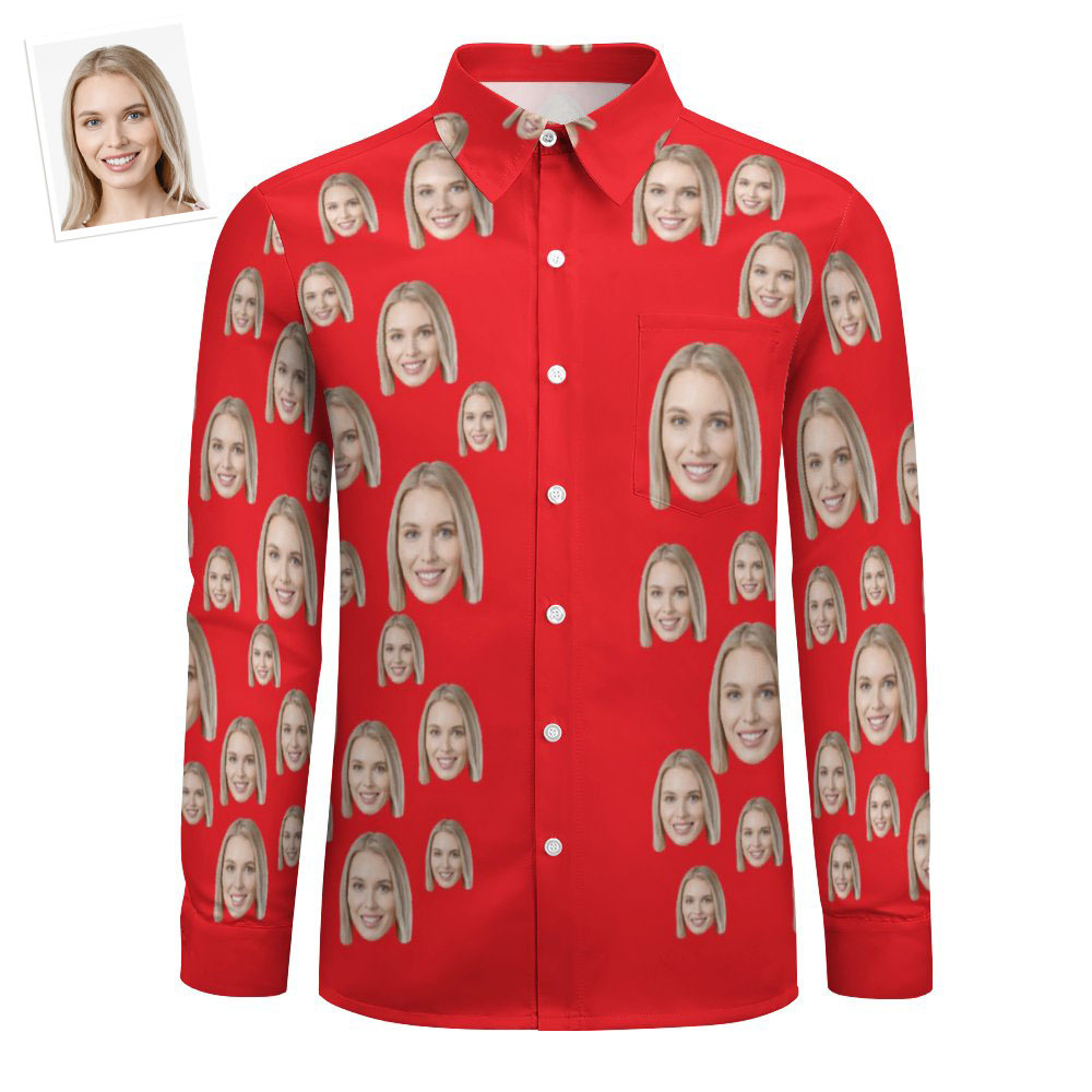 Custom Face Red All Over Print Large Long Sleeve Shirt -