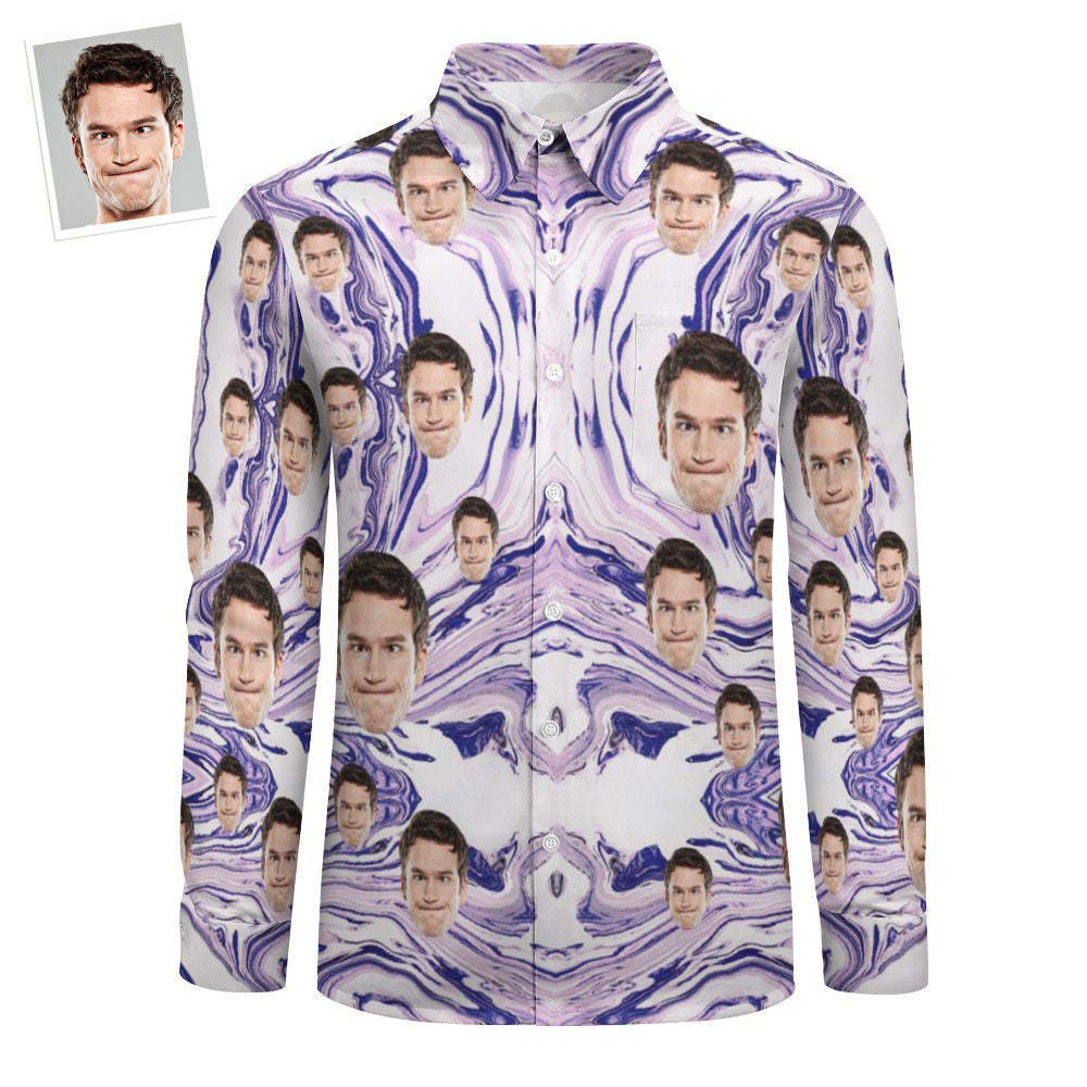 Custom Face Purple Marbling All Over Print Large Long Sleeve Shirt -