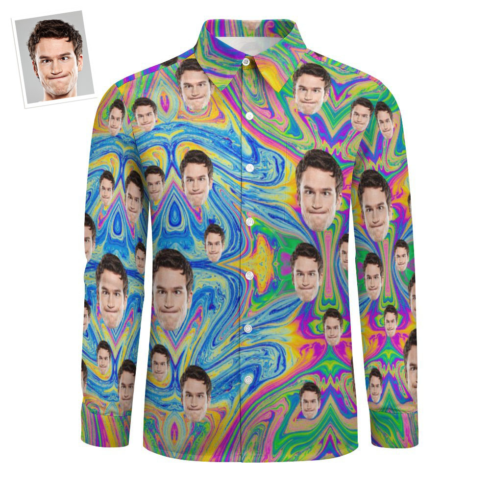 Custom Face All Over Print Large Long Sleeve Shirt Colorful Abstract Paint Flow -