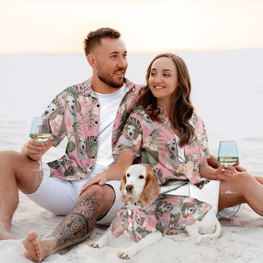 Custom Dog Face Hawaiian Style Pink Flowers Dog and Owner Matching Hawaiian Shirts -