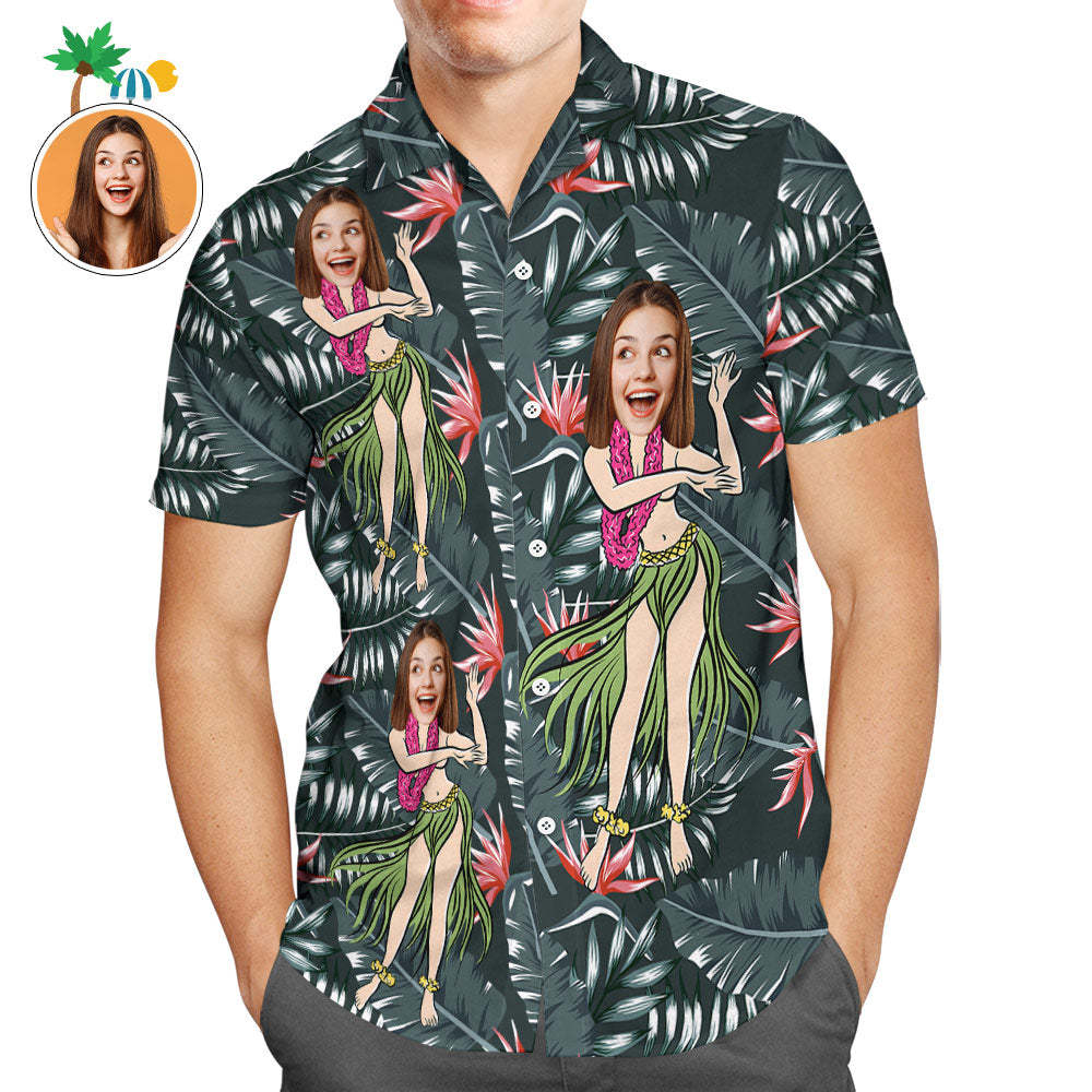 Custom Face Men Hawaiian Shirt Leaves Hula Green Tropical Shirt -