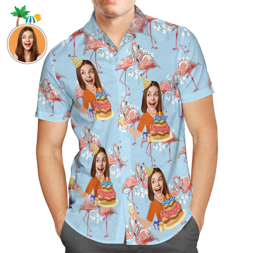 Custom Face Men Flamingo Hawaiian Shirt Birthday Cake Shirt -