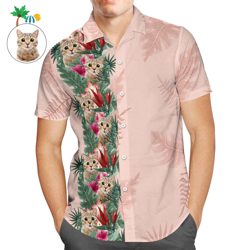Custom Face Men Leaves Hawaiian Shirt Cat Tropical Shirt -
