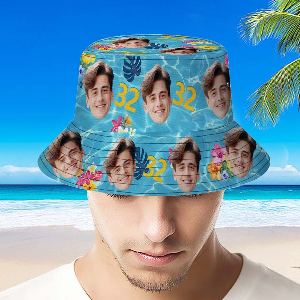 Custom Face Birthday Light Green Bucket Hat Unisex Face Personalized Outdoor Summer Age and Birthday Hawaiian Hats Gift - GetPhotoSocksUk