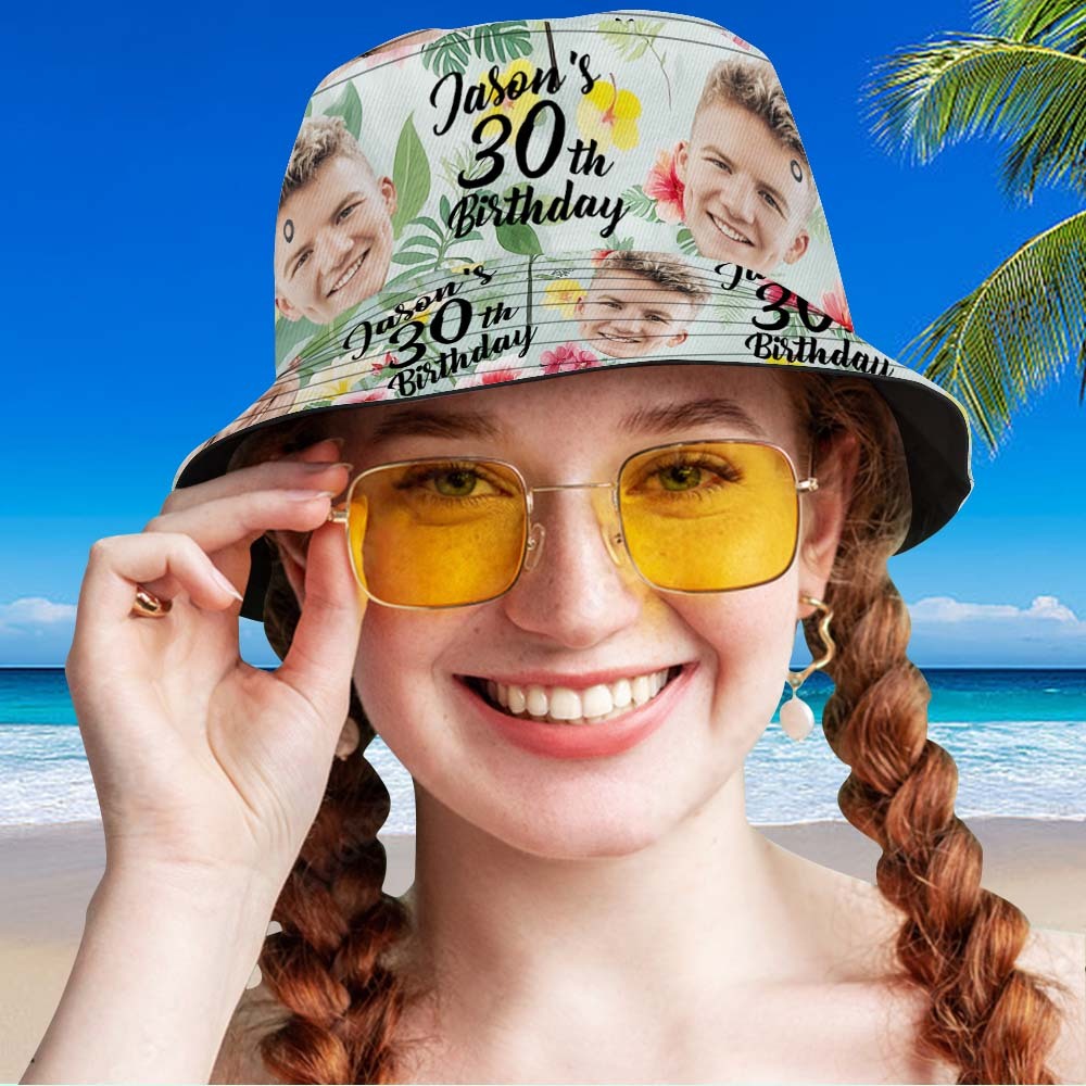 Custom Face Birthday Light Green Bucket Hat Unisex Face Personalized Outdoor Summer Age and Birthday Hawaiian Hats Gift - GetPhotoSocksUk