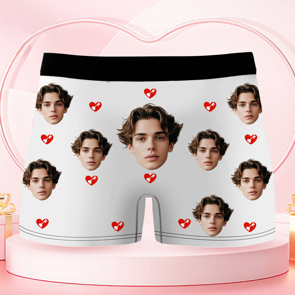 Custom Face Men's Boxer Underwear HER KEY Red Lips And Key Boxer Gift Personalized Photo Funny Men's Boxer Briefs - GetPhotoSocksUk