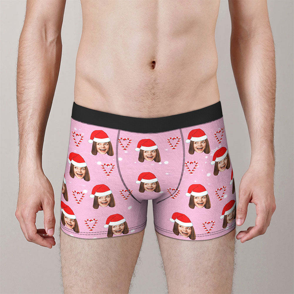 Custom Face Pink Christmas Candy Boxer Briefs Personalised Pink Christmas Gift -