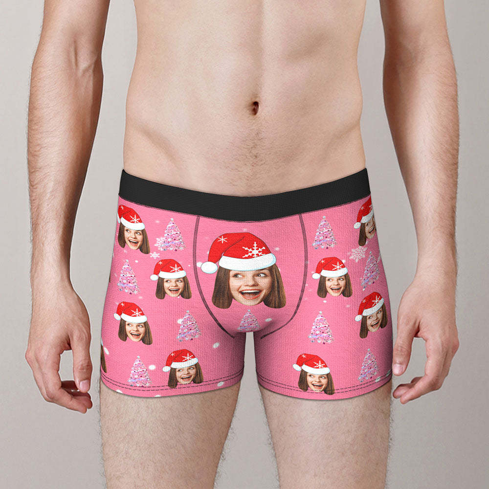 Custom Face Pink Christmas Tree Boxer Briefs Personalised Funny Christmas Gift -
