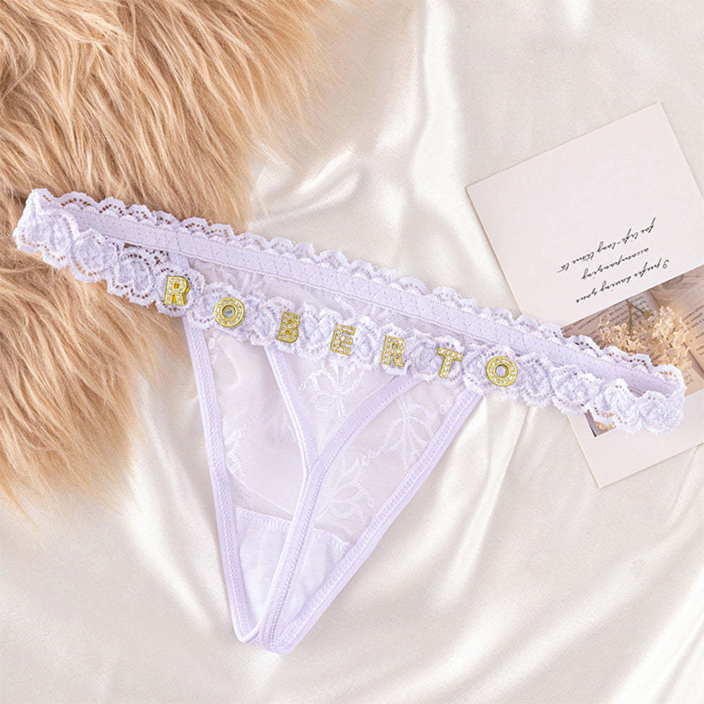 Custom Lace Thongs with Jewelry Crystal Letter Name Gift for Her -
