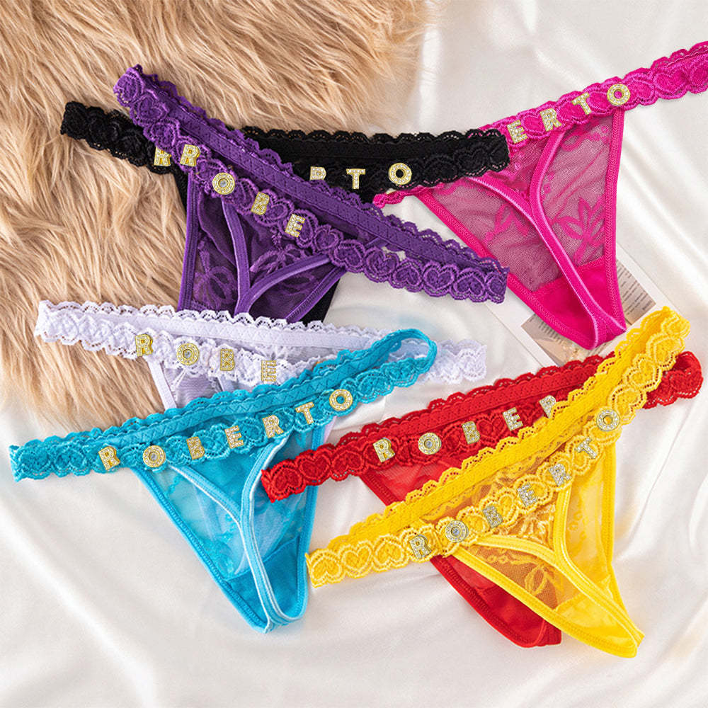 Custom Lace Thongs with Jewelry Crystal Letter Name Gift for Her -
