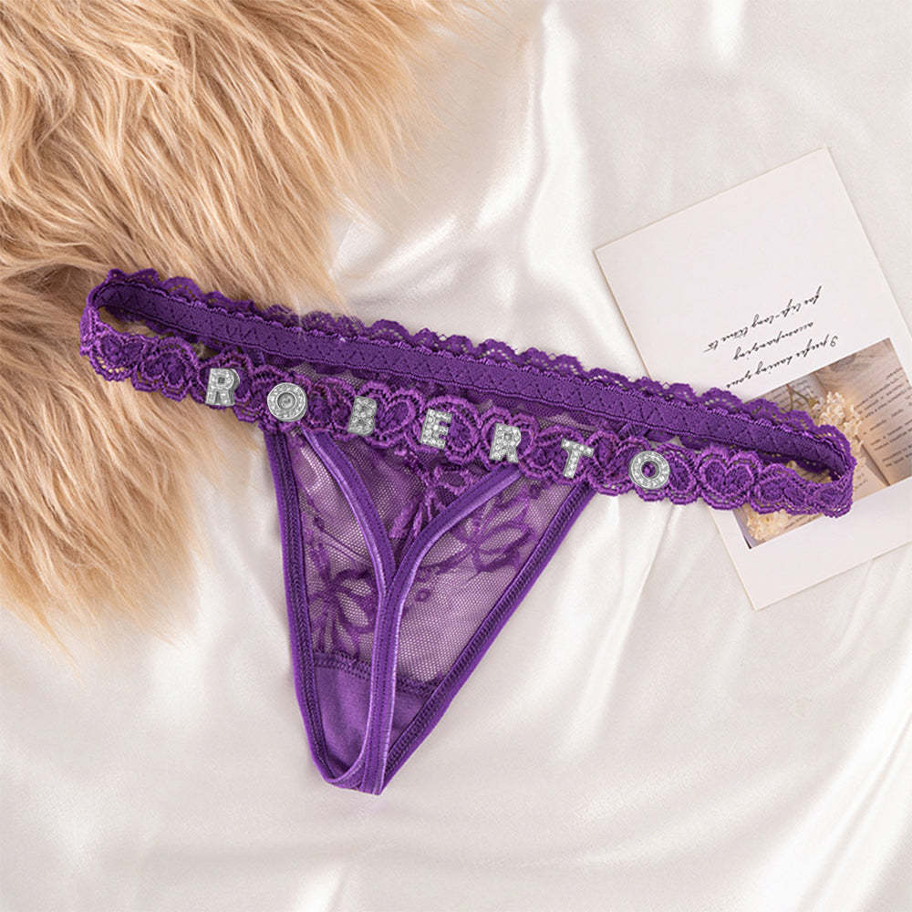 Custom Lace Thongs with Jewelry Crystal Letter Name Gift for Her -