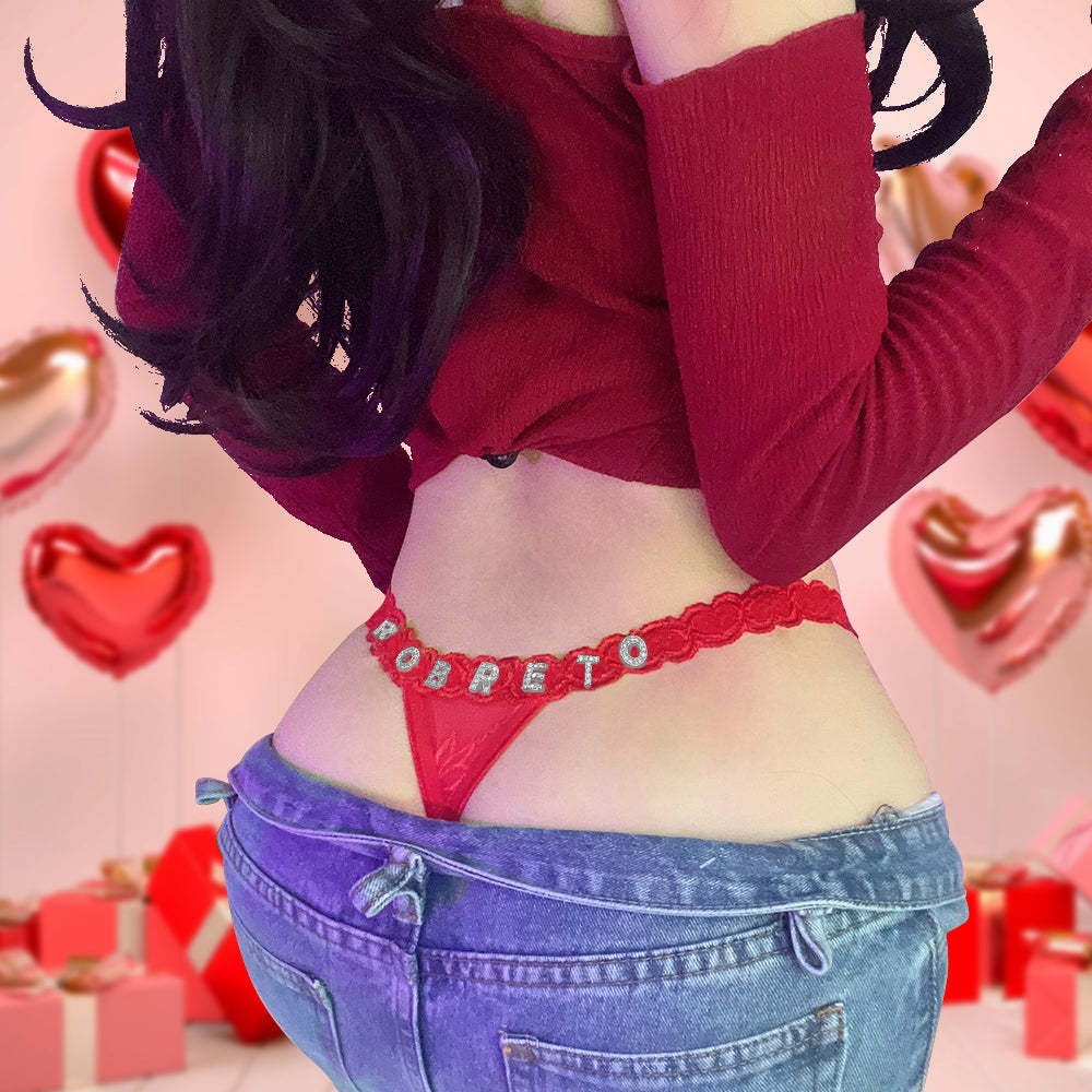 Custom Lace Thongs with Jewelry Crystal Letter Name Gift for Her -