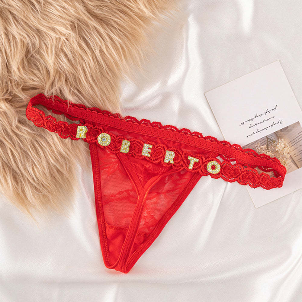 Custom Lace Thongs with Jewelry Crystal Letter Name Gift for Her -