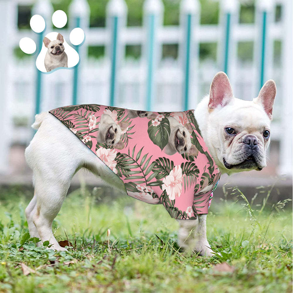 Custom Dog Face Hawaiian Style Pink Flowers Dog and Owner Matching Hawaiian Shirts -