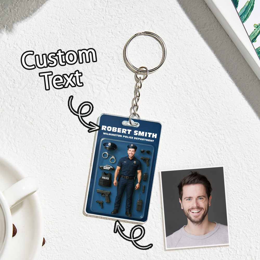 Custom 3D Effect Action Figure Customizable Head Packaging Toy Box Style Art Gift Personalized 2D Printing Acrylic Keychain Gift for Police Officers - GetPhotoSocksUk