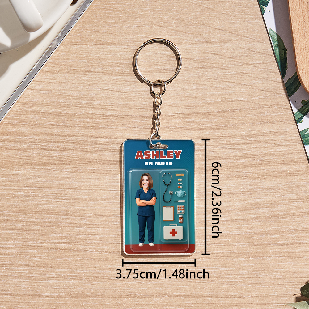 Custom 3D Effect Action Figure Customizable Head Packaging Toy Box Style Art Gift Personalized 2D Printing Acrylic Keychain Nurses Day Gift for Nurse - GetPhotoSocksUk