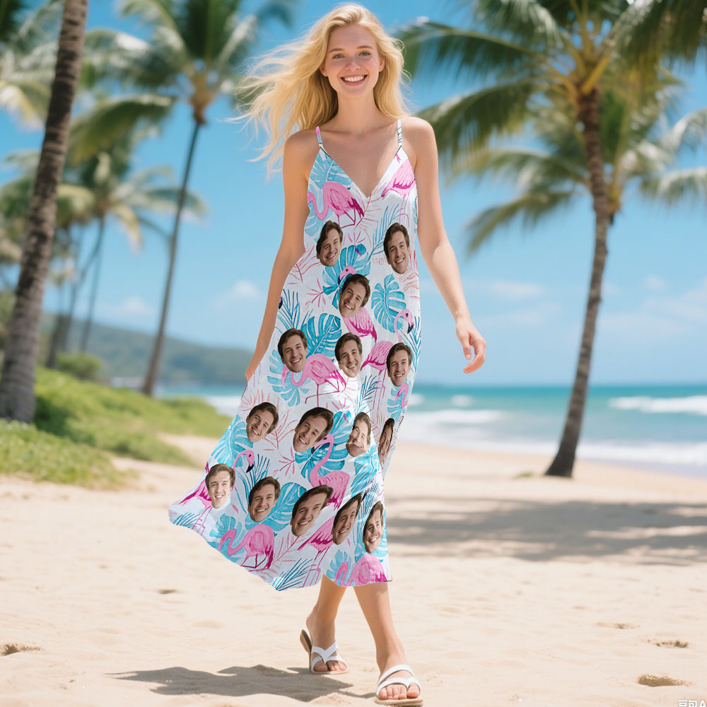 Personalized Pineapple FLowers Face Sling Long Dress Custom Face Photo Dress for Women Fun Summer Vacation Gift - GetPhotoSocksUk