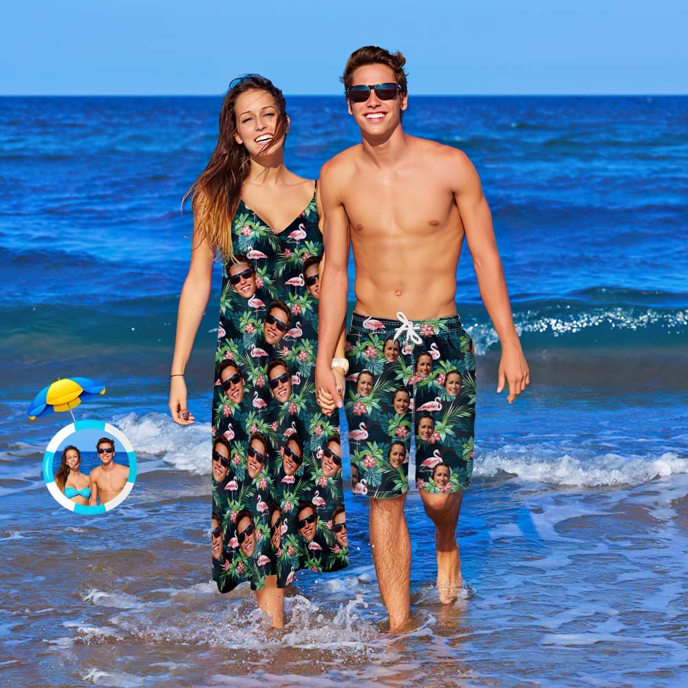 Custom Face Couple Matching Outfits Flamingo Beach Wear Set -
