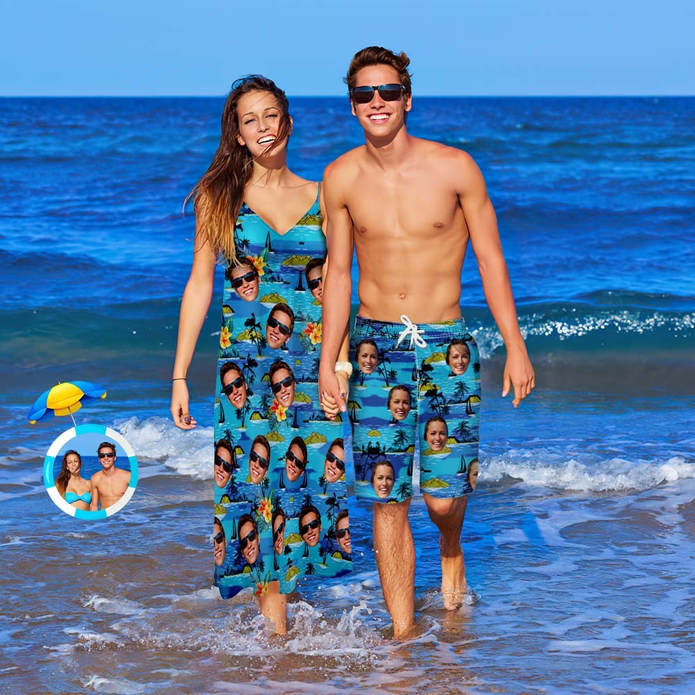 Custom Face Couple Matching Outfits Coconut Tree Beach Wear Set -