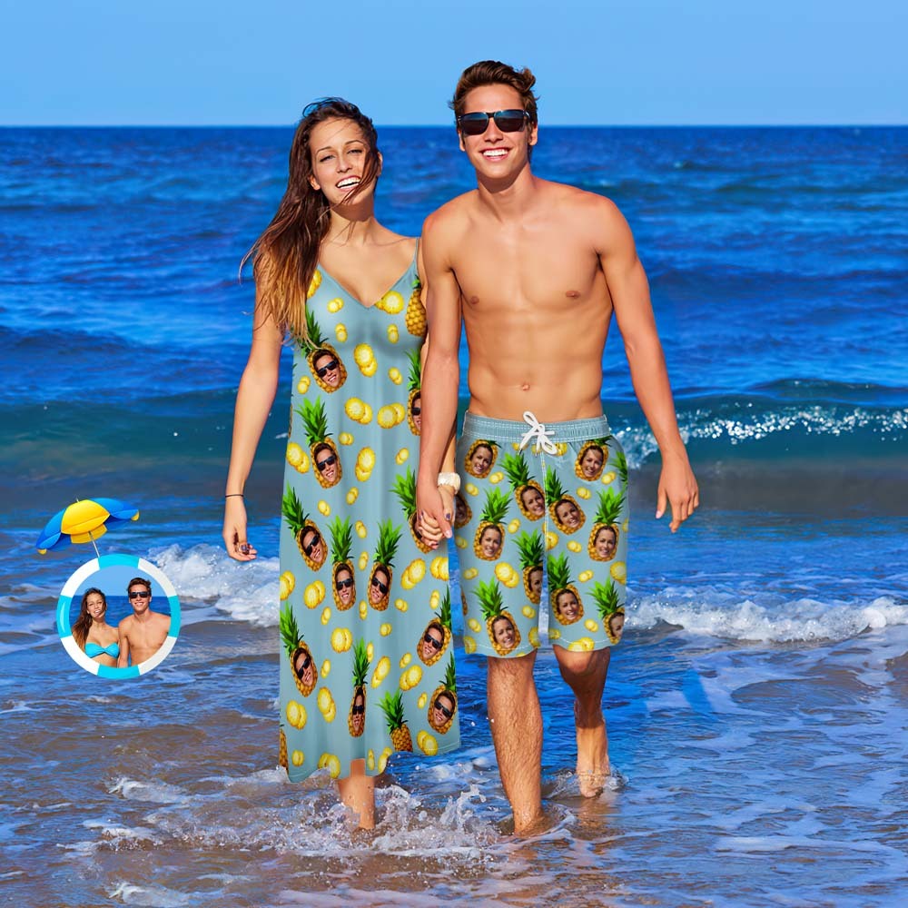 Custom Face Couple Matching Outfits Pineapple Beach Wear Set -