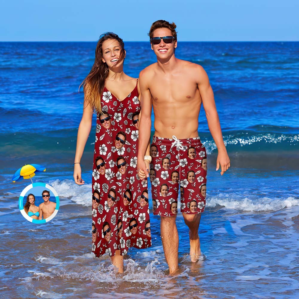 Custom Face Couple Matching Outfits Flowers Beach Wear Set -