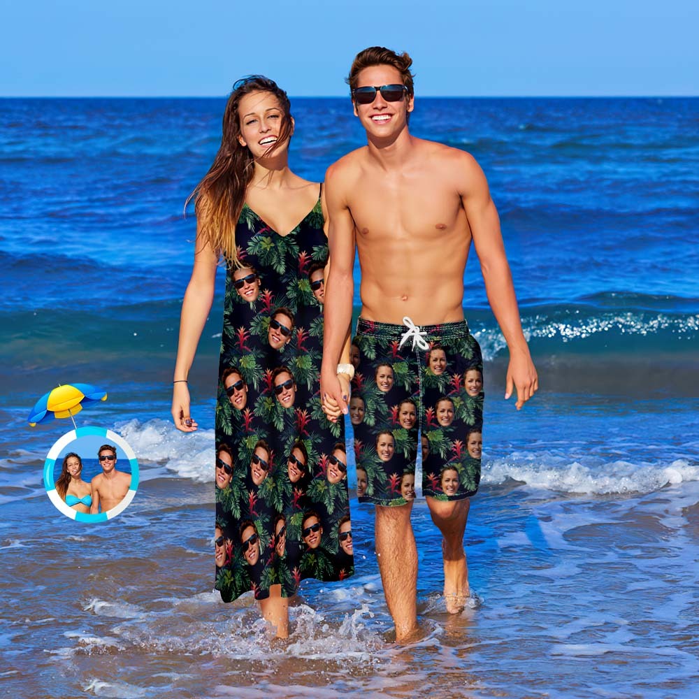 Custom Face Couple Matching Outfits Bromelia Beach Wear Set -