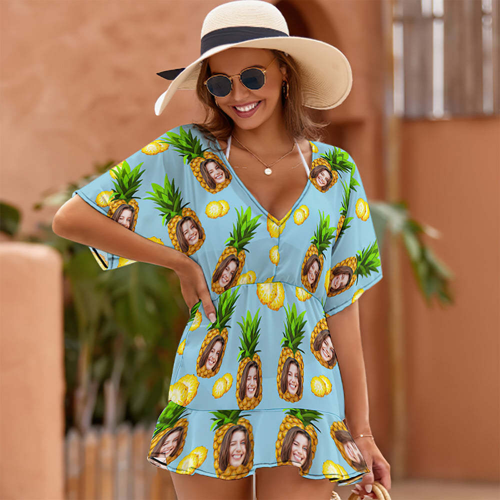 Custom Face Beach Wrap Hawaiian Style Blue Funny Pineapple Cover Ups -